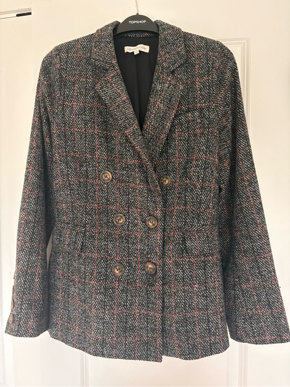 Heartloom Double-Breasted Tweed Blazer in Charcoal with Red  and Blue Windowpane
